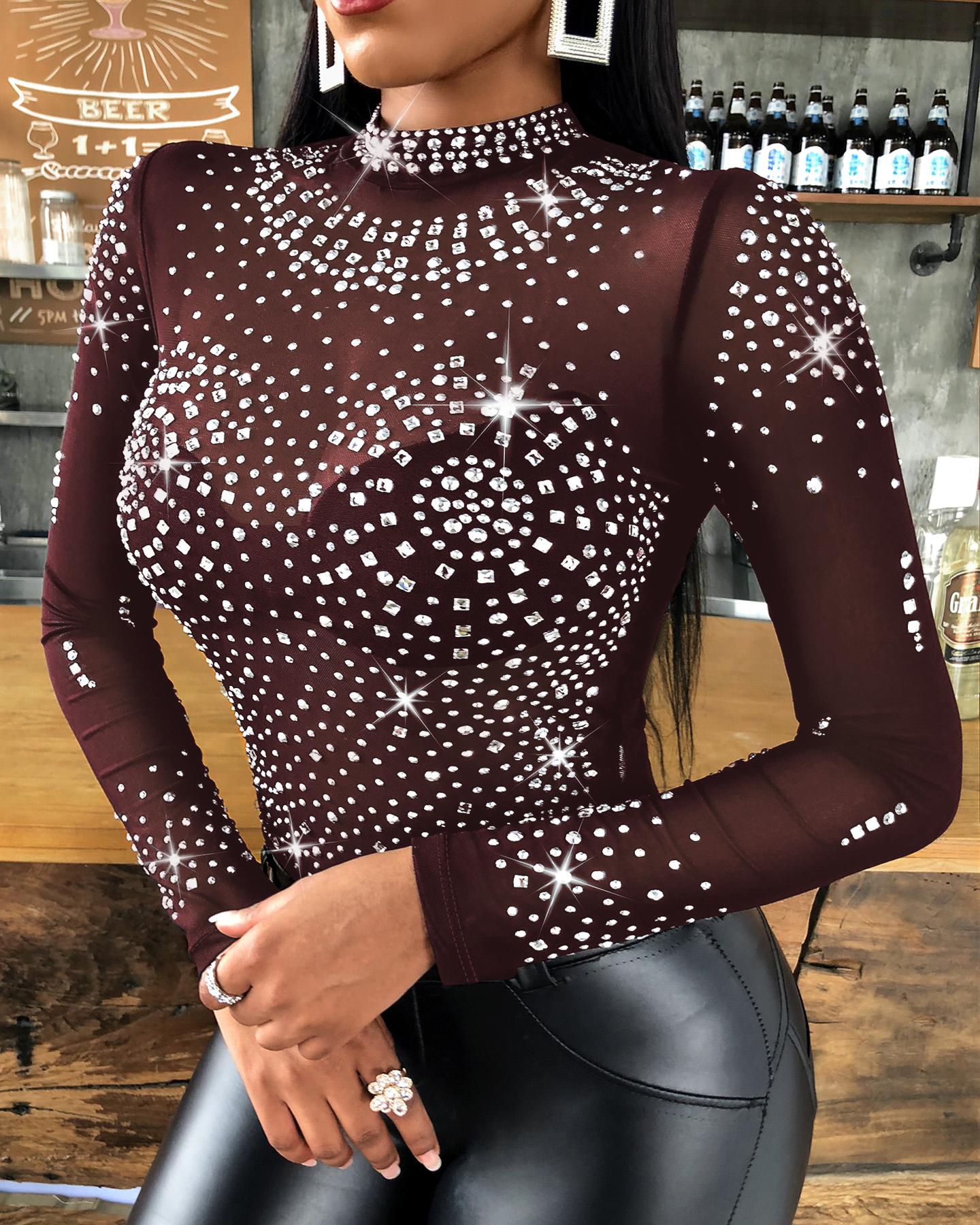 Rhinestone Butterfly Pattern Long Sleeve Top