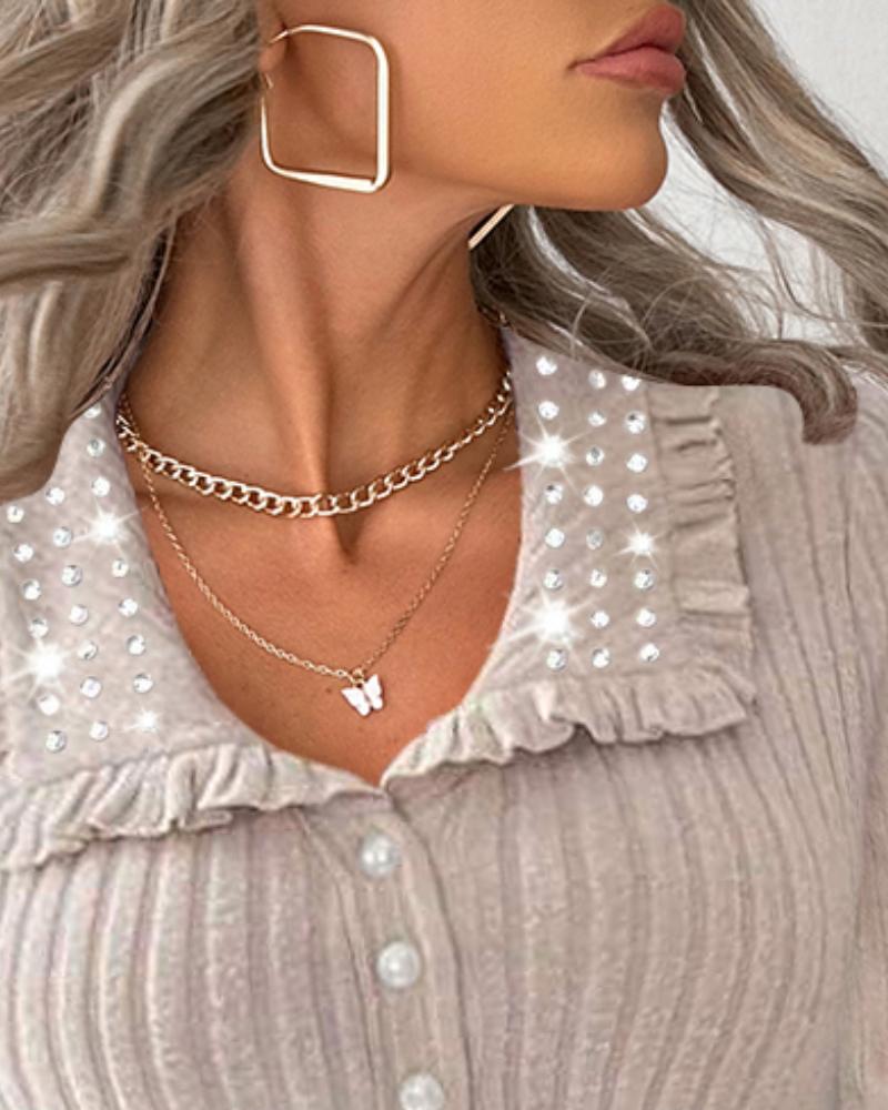 Turn-down Collar Frill Hem Rhinestone Decor Ribbed Top