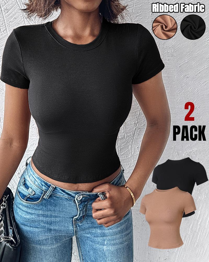 2-Pack Crewneck Short Sleeve Skinny Ribbed T-Shirt
