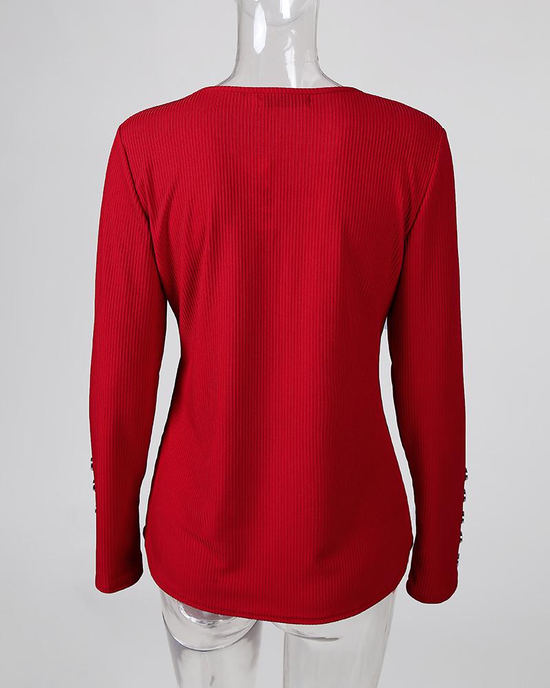 V Neck Button Down Slim Fit Ribbed Top Long Sleeve Pullover Casual Shirts