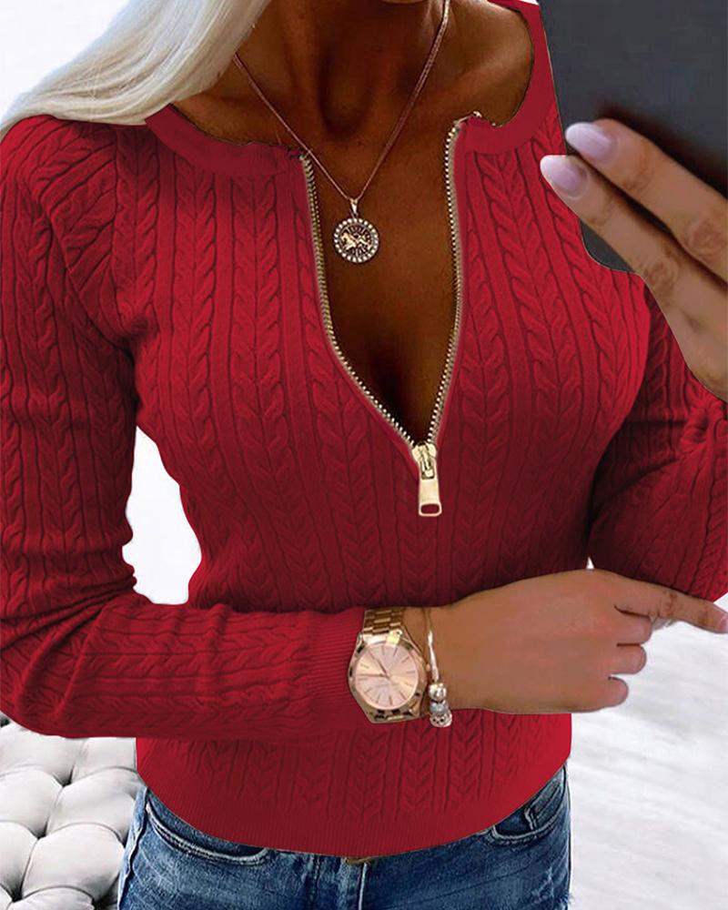 Crewneck Long Sleeve Ribbed Top Half Zipper Design Casual Pullover Tops