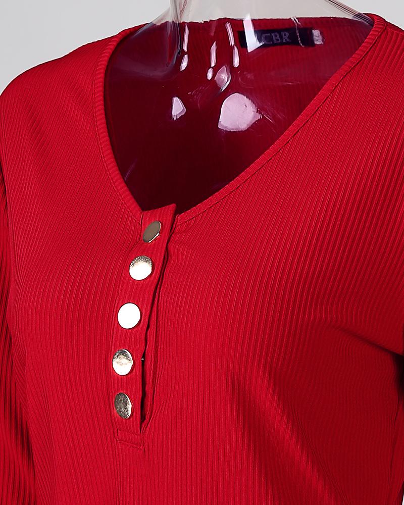 V Neck Button Down Slim Fit Ribbed Top Long Sleeve Pullover Casual Shirts