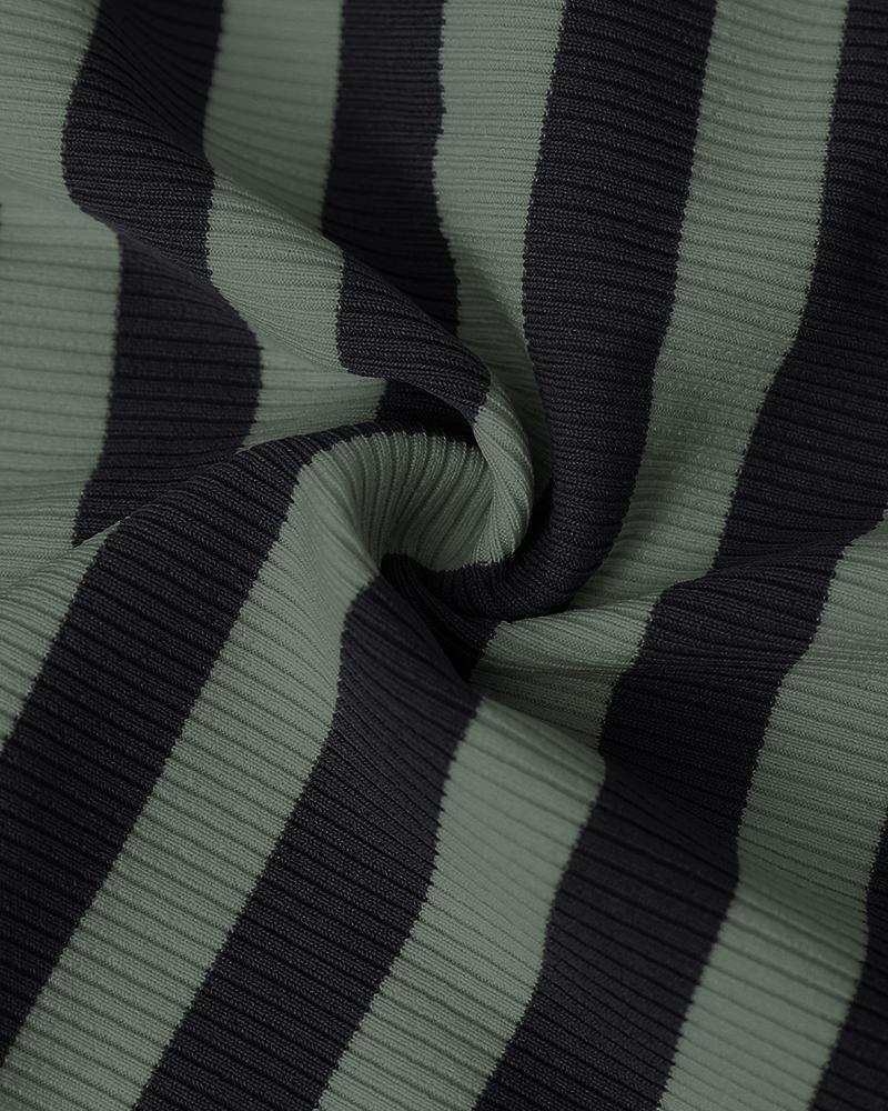 Striped Long Sleeve Crewneck Tops Button Front Ribbed Slim Fit Casual Basic Tees Tops