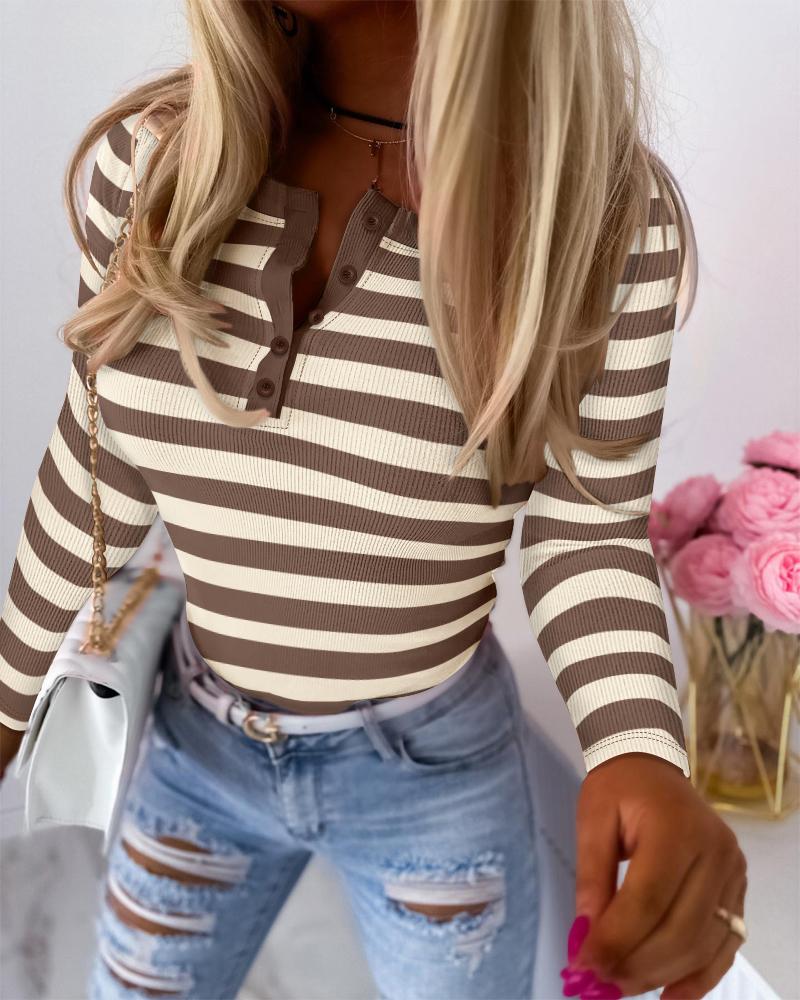 Striped Long Sleeve Crewneck Tops Button Front Ribbed Slim Fit Casual Basic Tees Tops