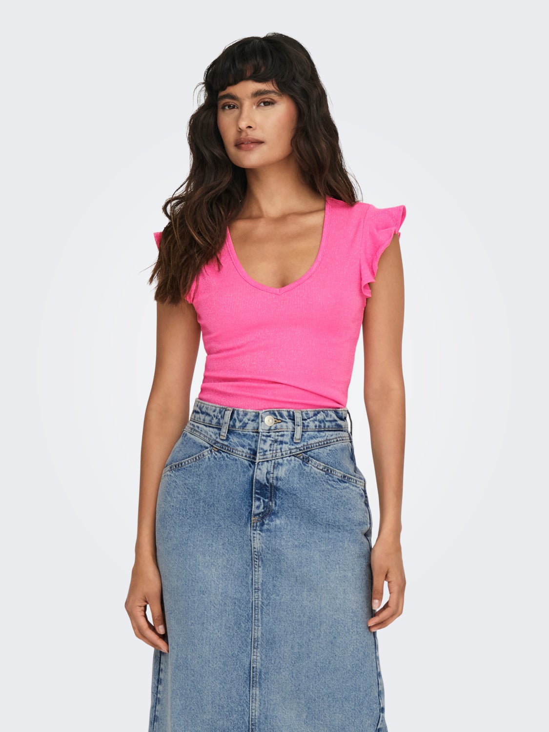 V-neck glitter top with frill sleeves