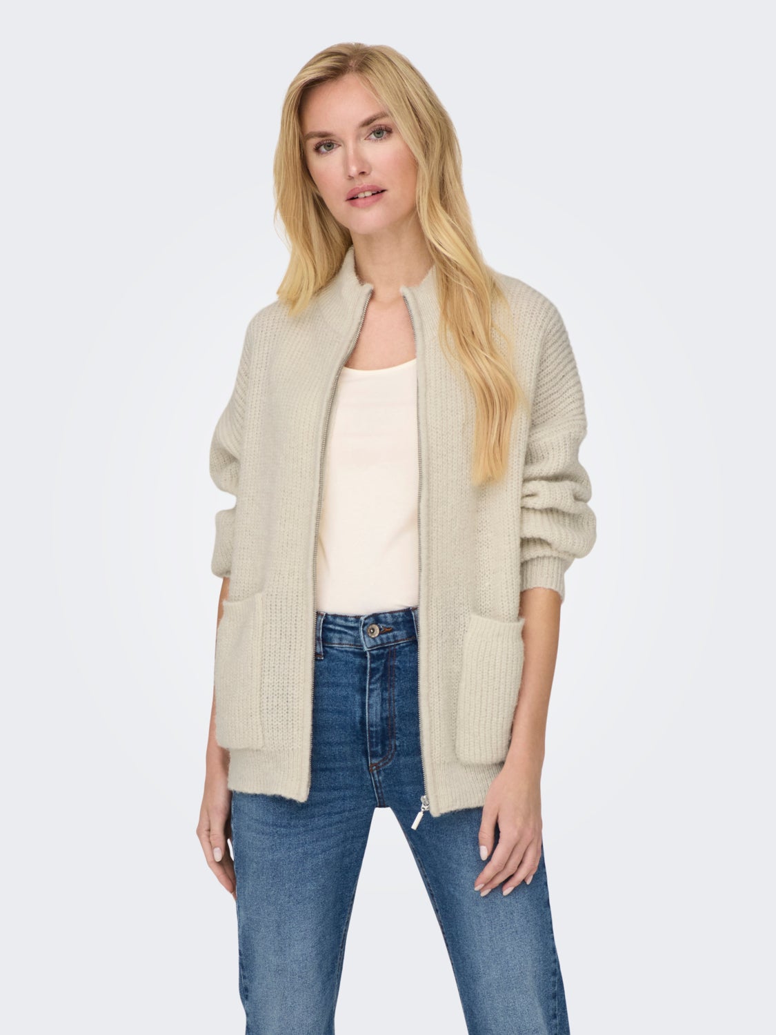 Knit cardigan with high neck