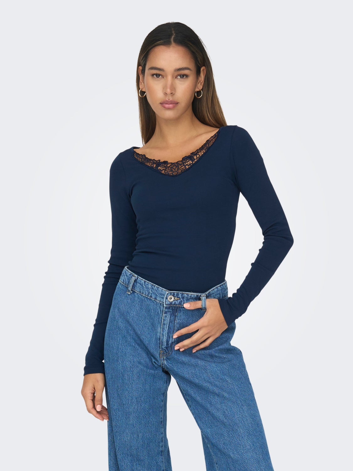 Long sleeved top with lace neck