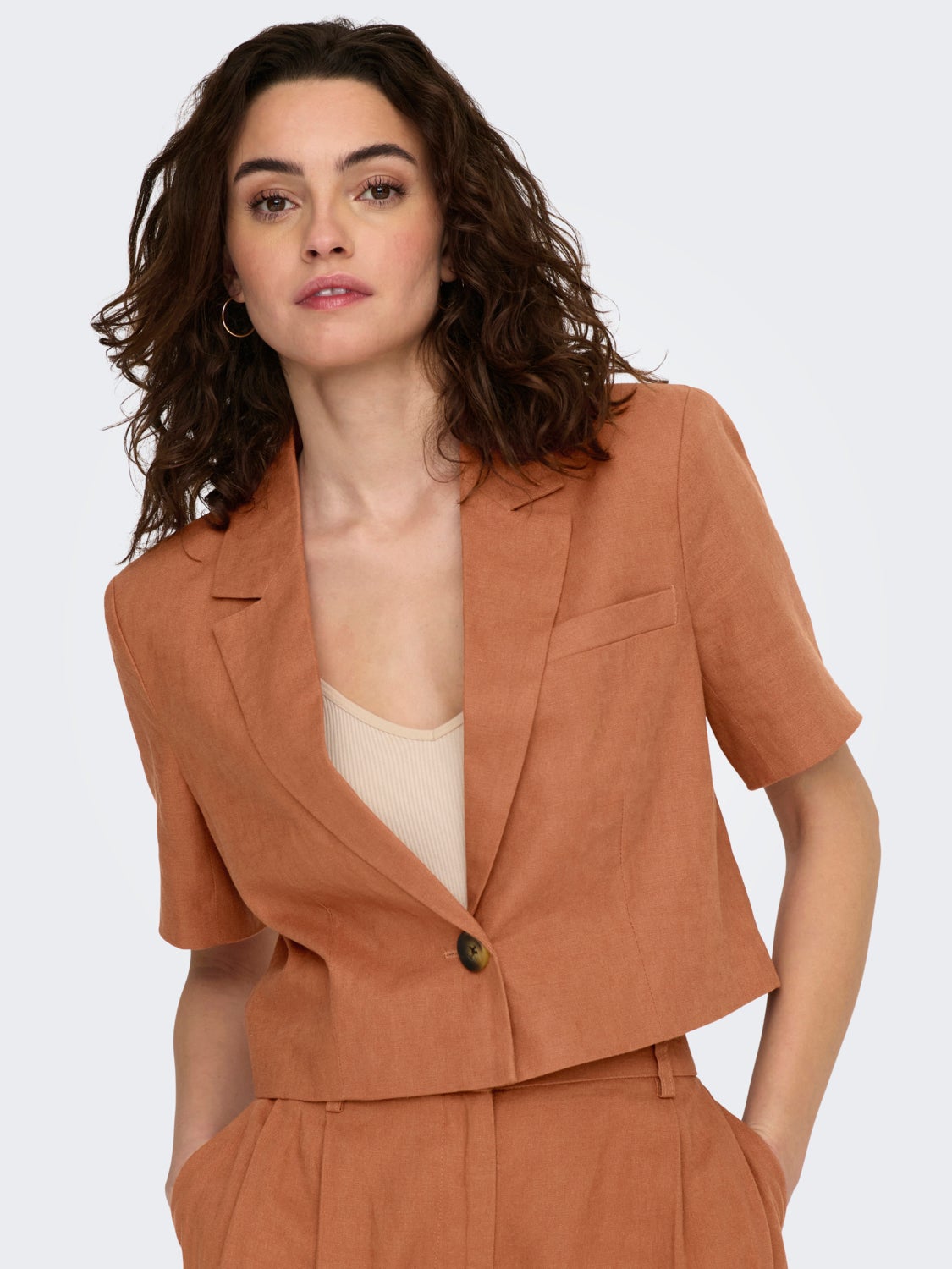 Cropped Short Sleeves Linen Blazer