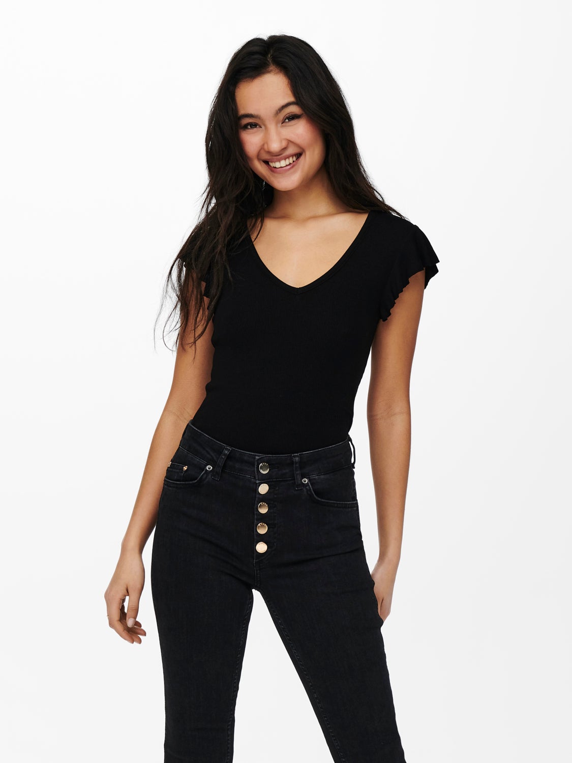 Slim fit top with short frill sleeves