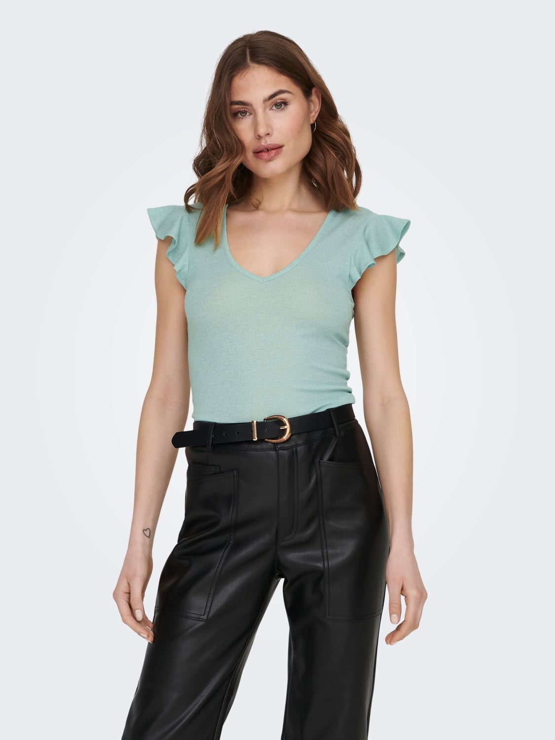 V-neck glitter top with frill sleeves