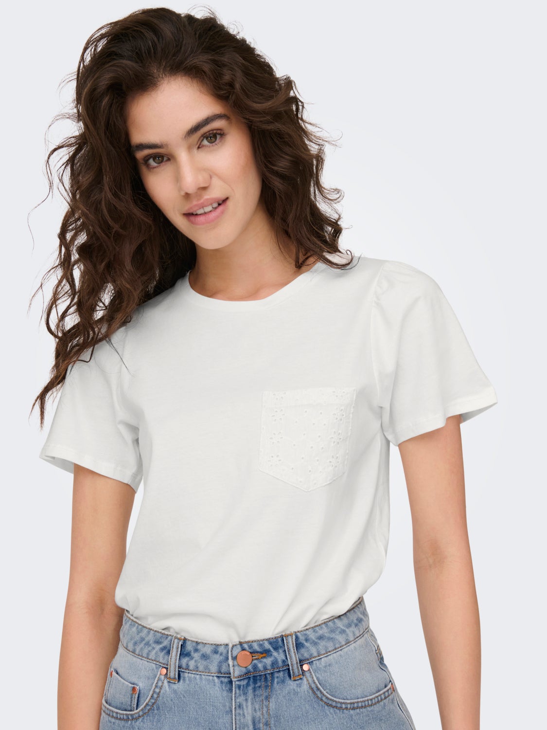 O-neck top with anglaise chest pocket
