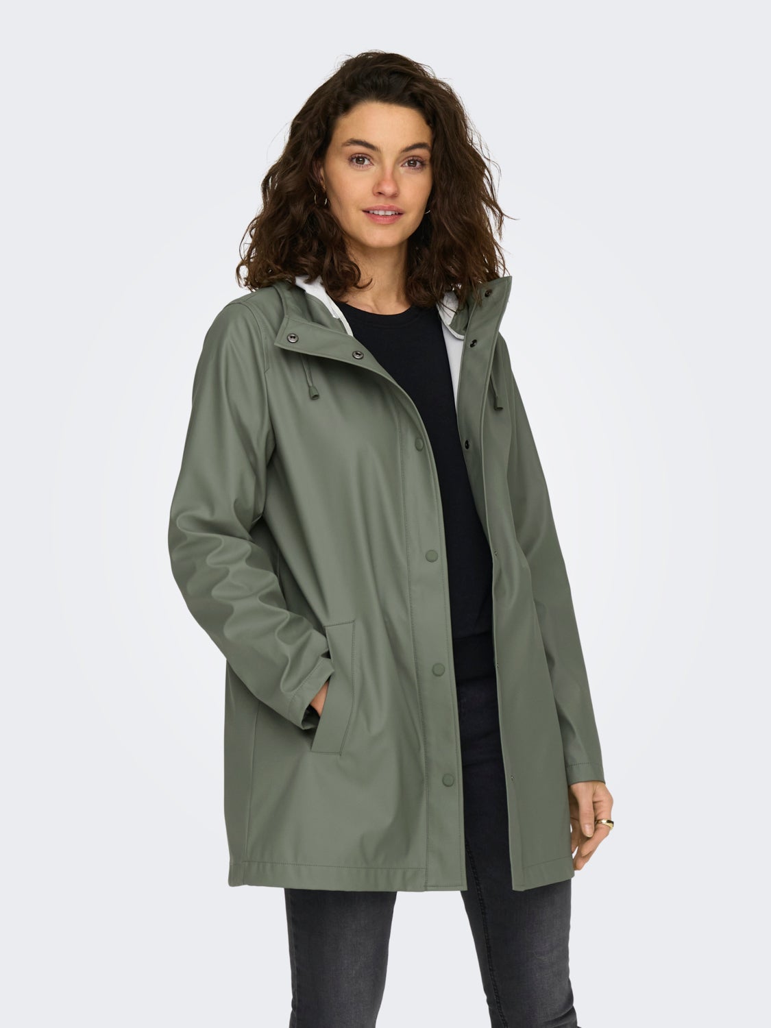 Long rain jacket with buttons
