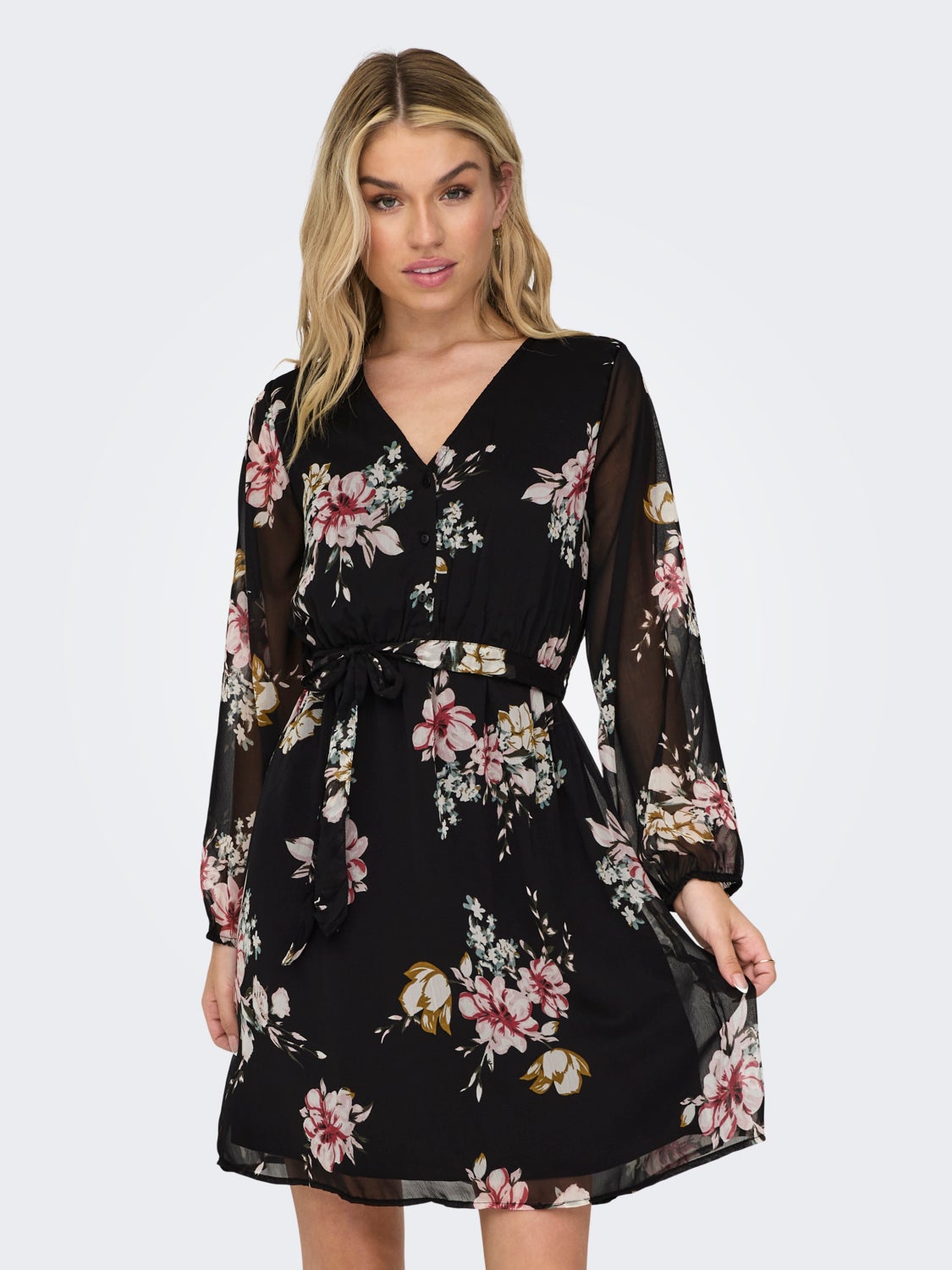 Mini v-neck dress with tie waist