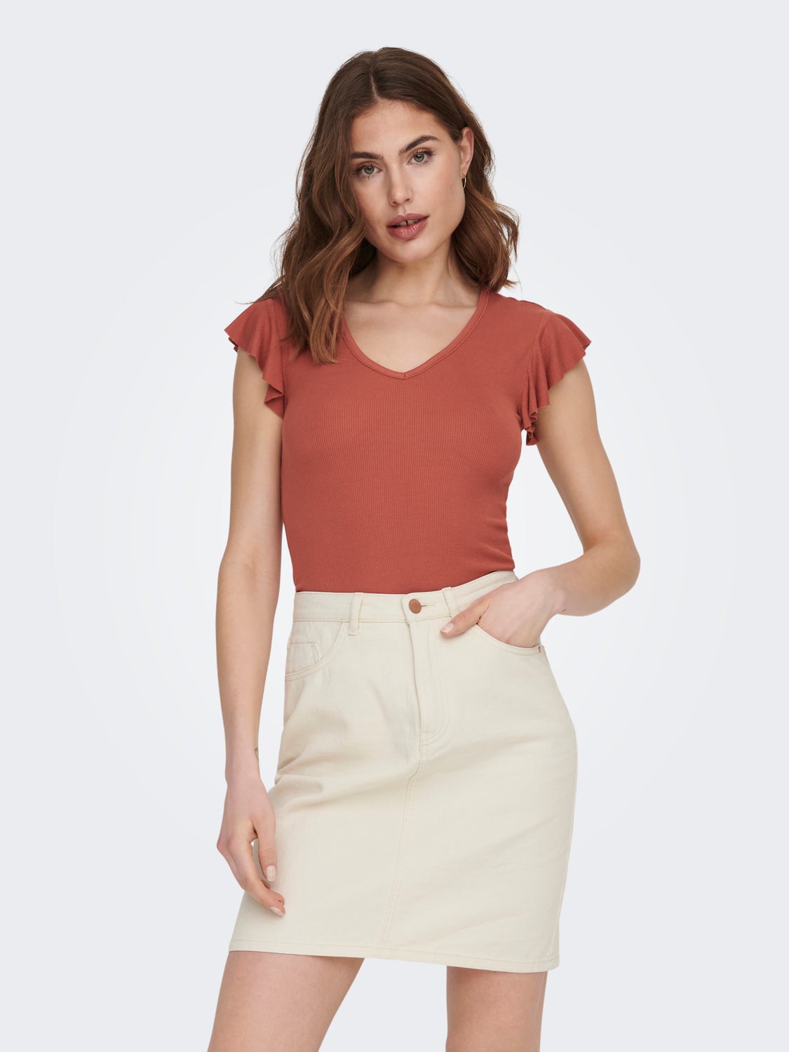 Slim fit top with short frill sleeves