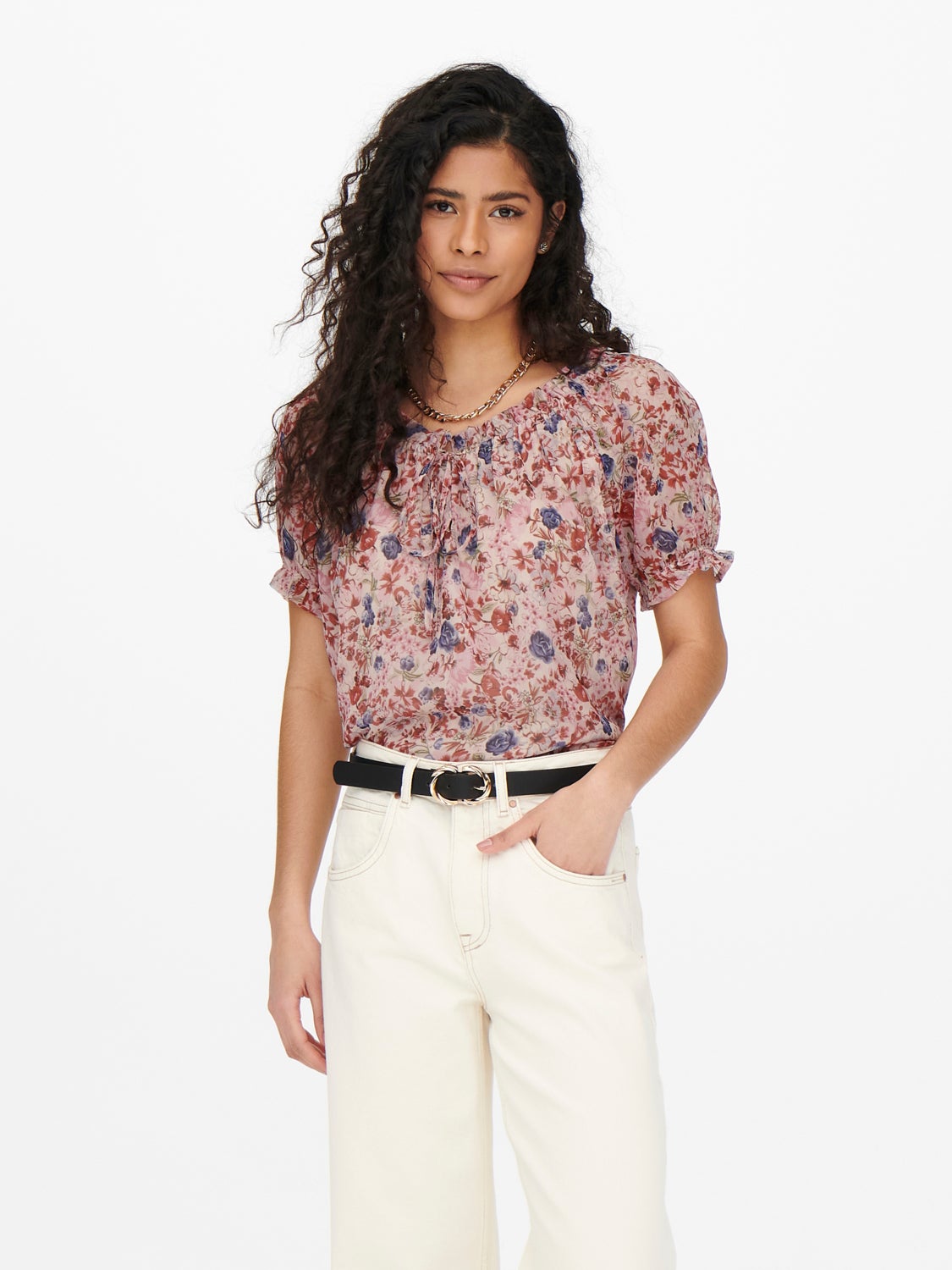 Patterned ruffle Short Sleeved Top