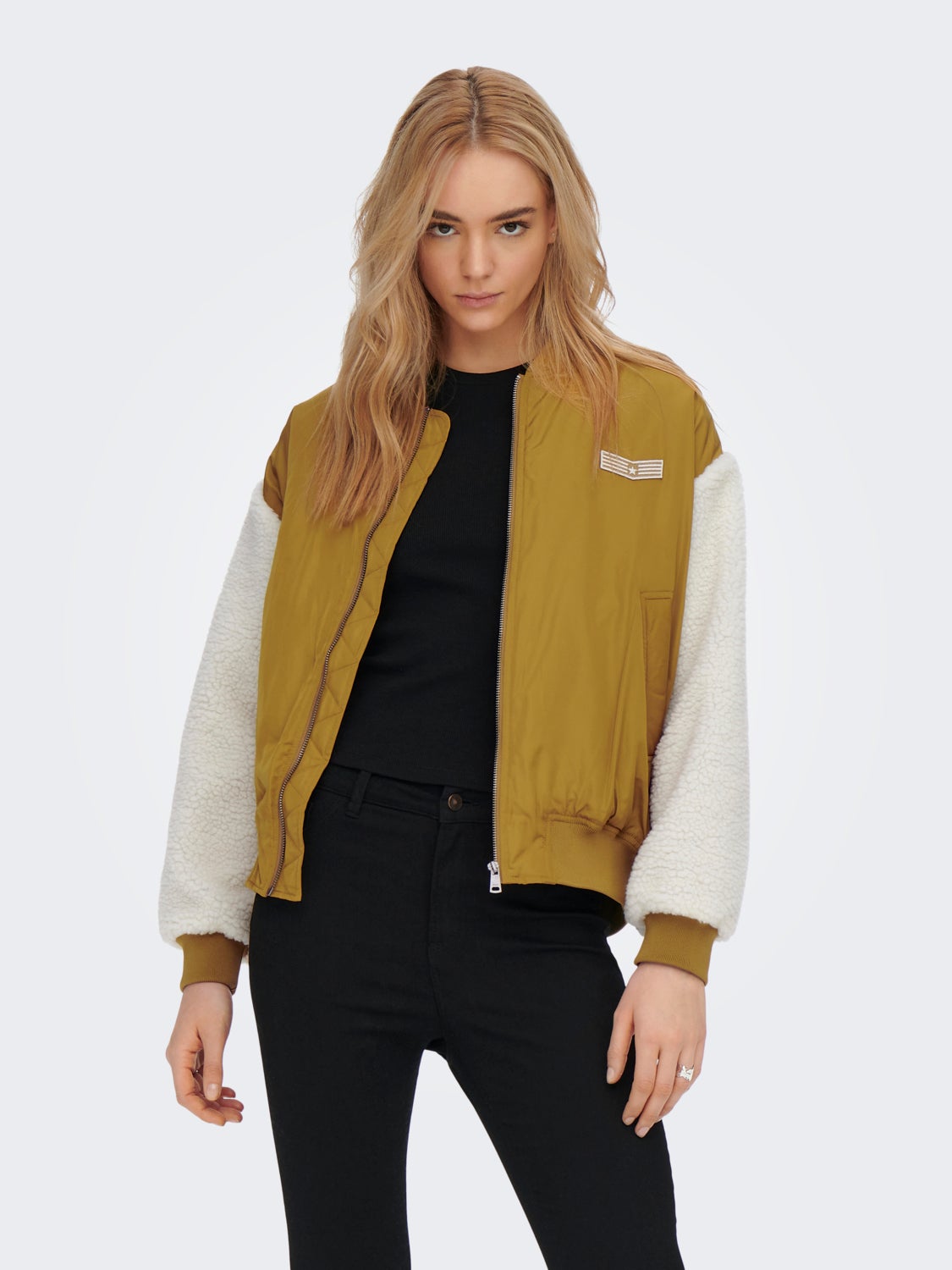 Bomber jacket with sherpa sleeves