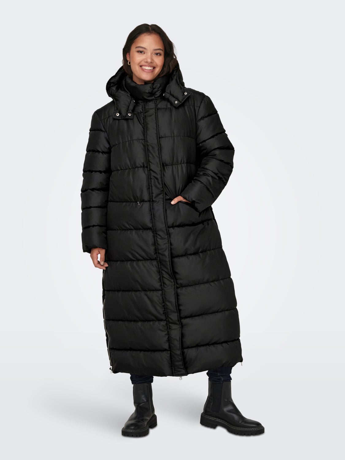 Long coat with detachable hood