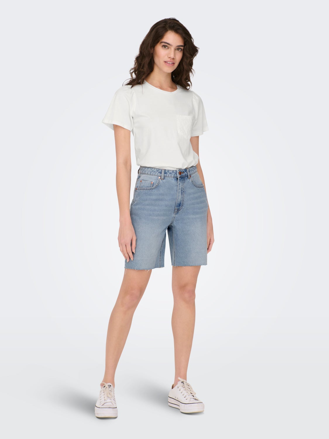 O-neck top with anglaise chest pocket