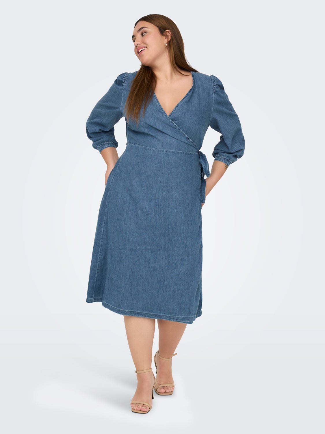 Curvy denim wrap midi dress