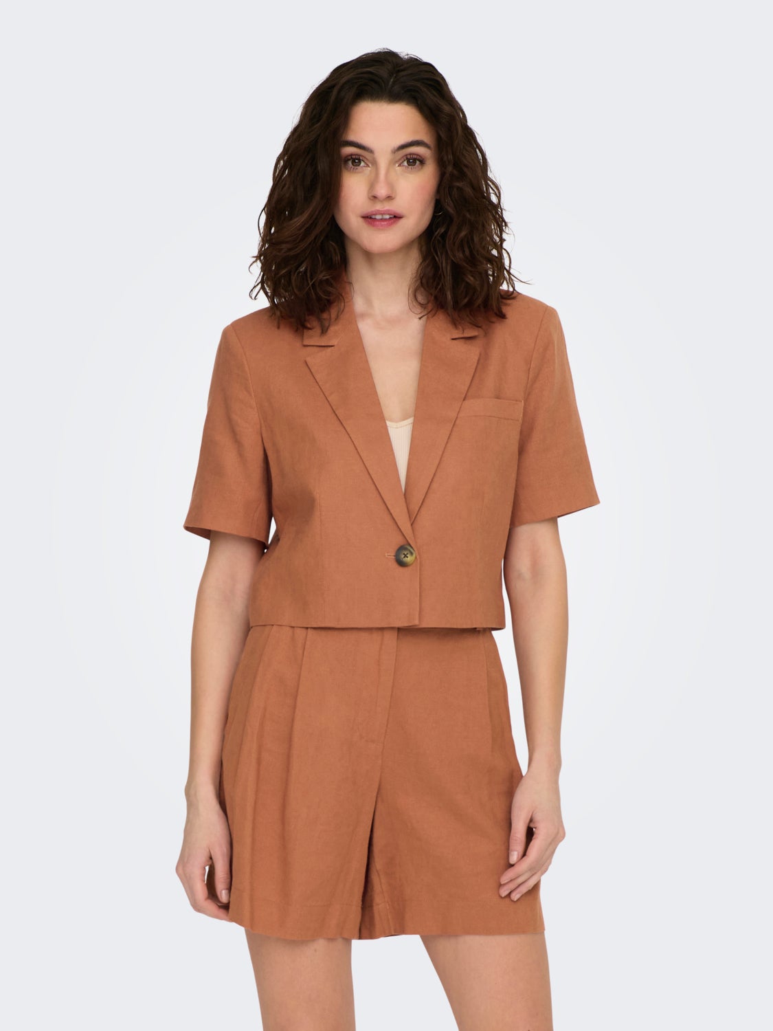 Cropped Short Sleeves Linen Blazer