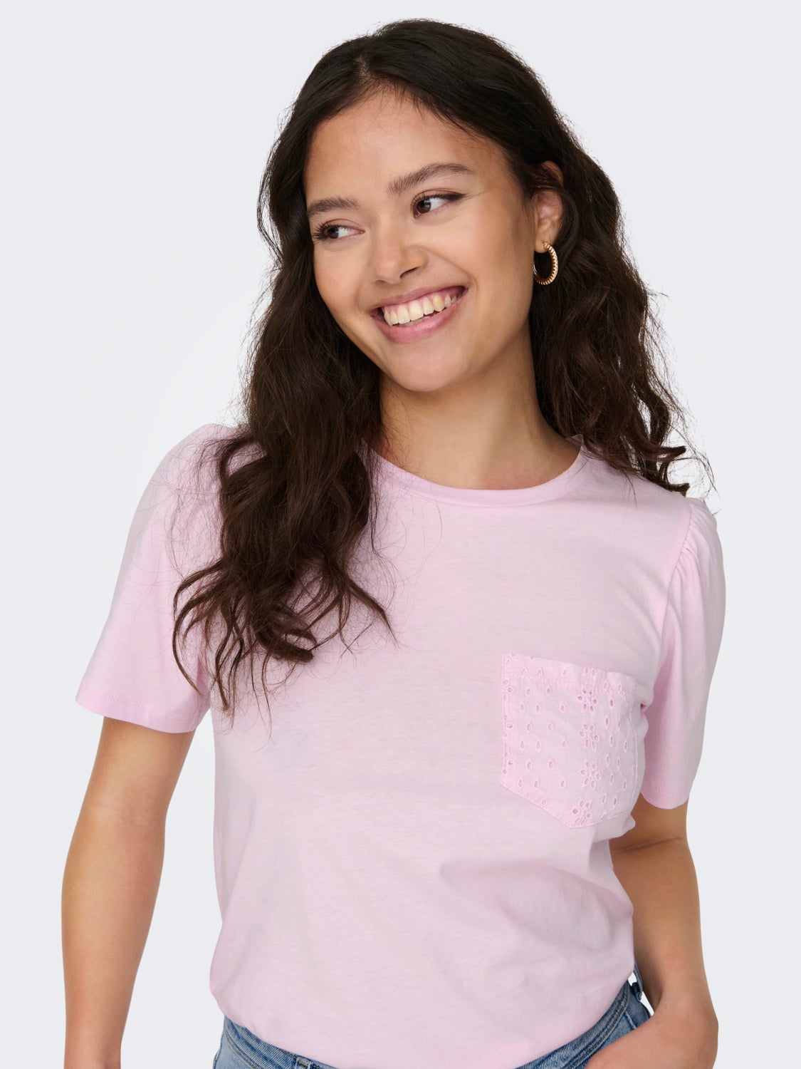 O-neck top with anglaise chest pocket