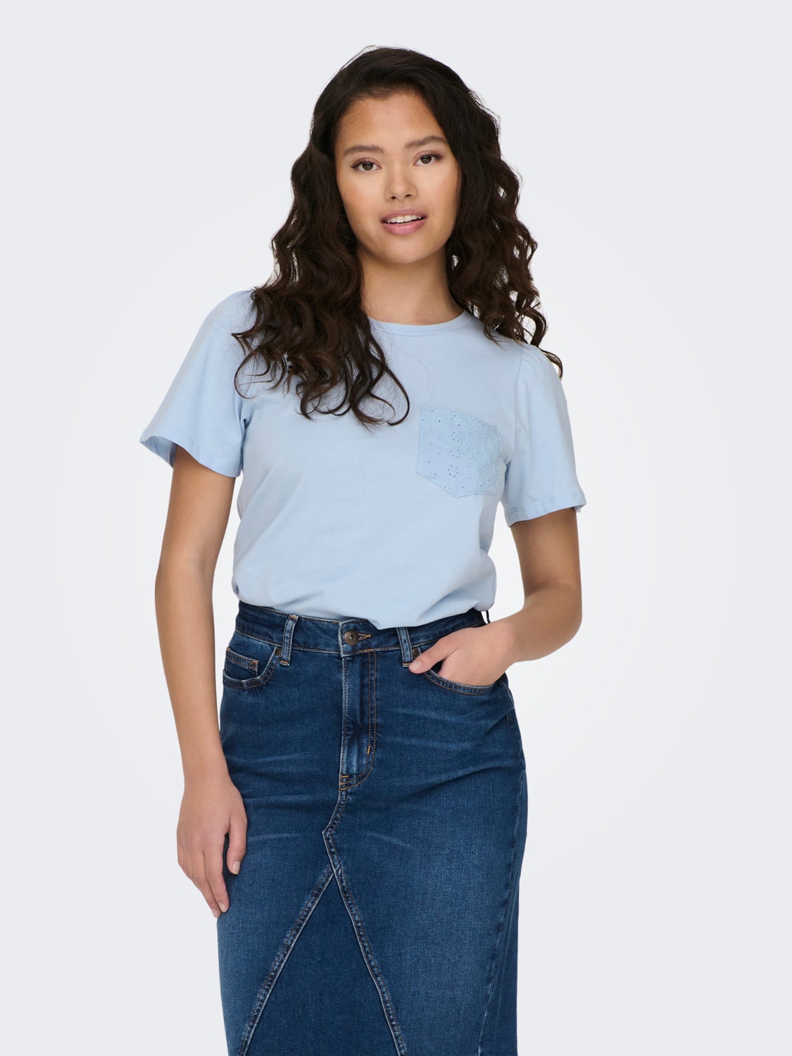 O-neck top with anglaise chest pocket