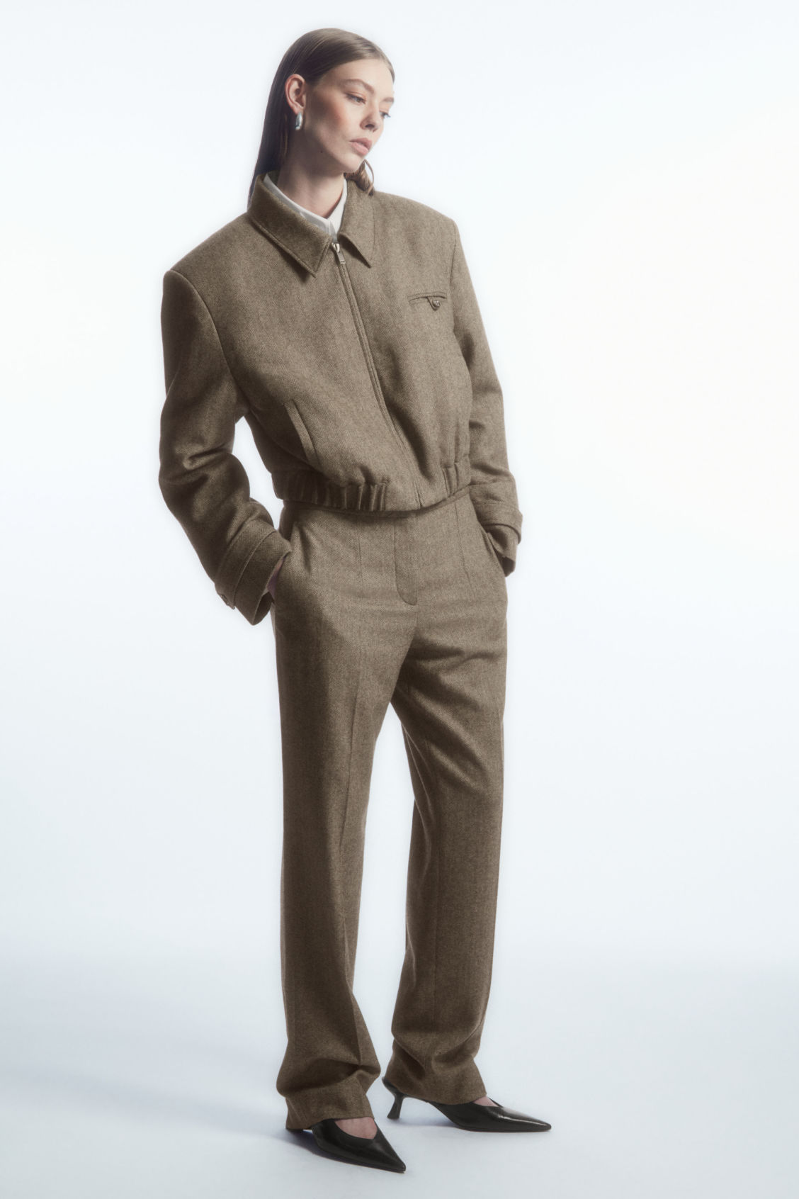 POWER-SHOULDER WOOL-HERRINGBONE JACKET