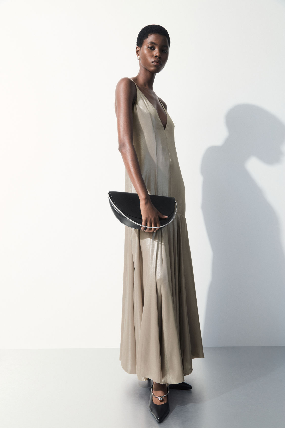 THE METALLIC FLARED SLIP DRESS