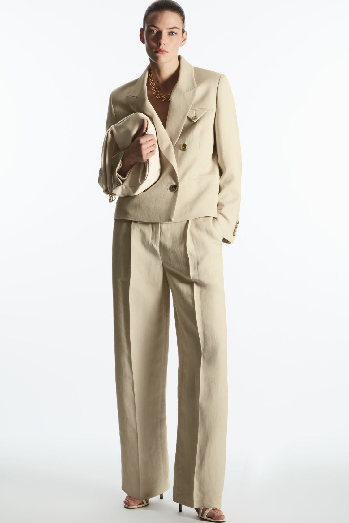 WIDE-LEG PLEATED LINEN-BLEND TROUSERS