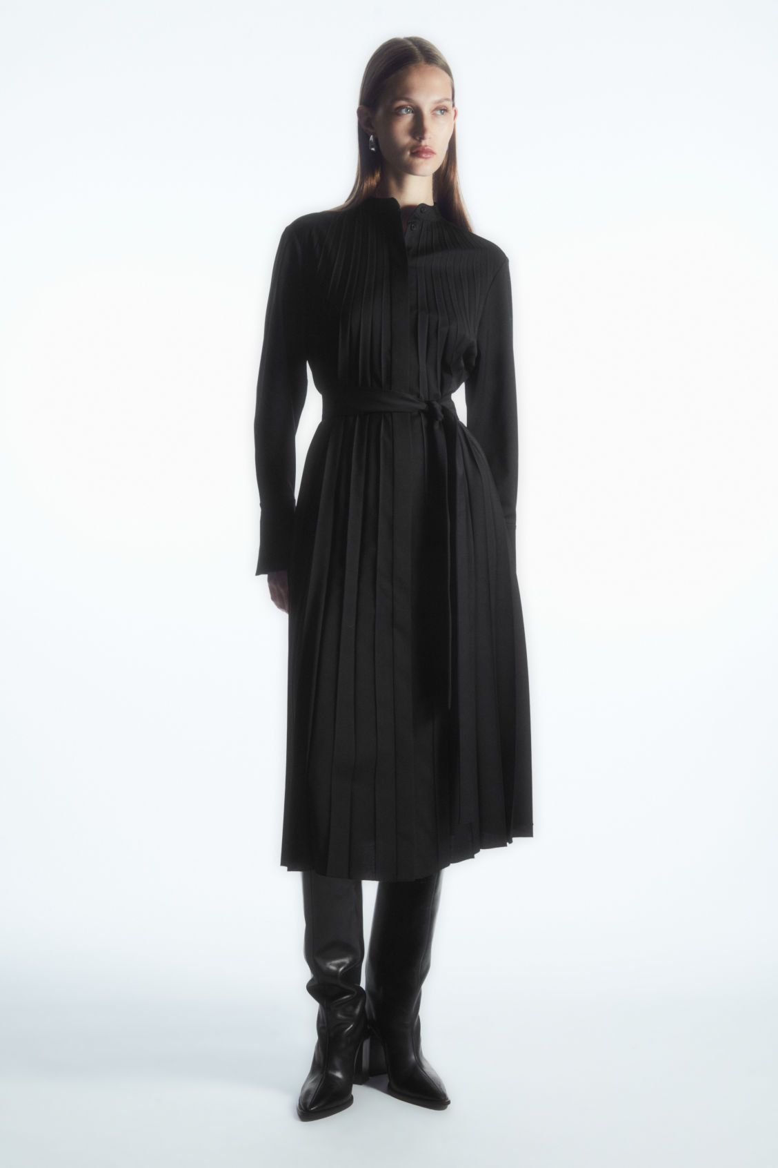 PLEATED WOOL-BLEND SHIRT DRESS