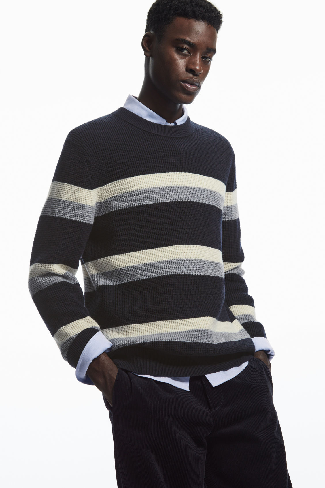 STRIPED WAFFLE-KNIT WOOL JUMPER