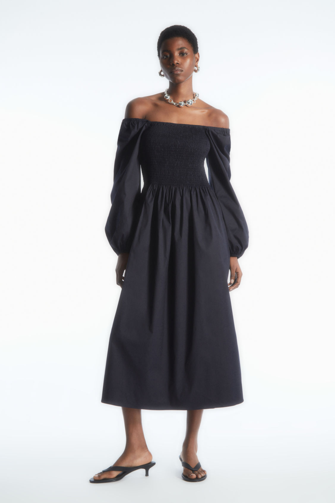 OFF-THE-SHOULDER SMOCKED MIDI DRESS