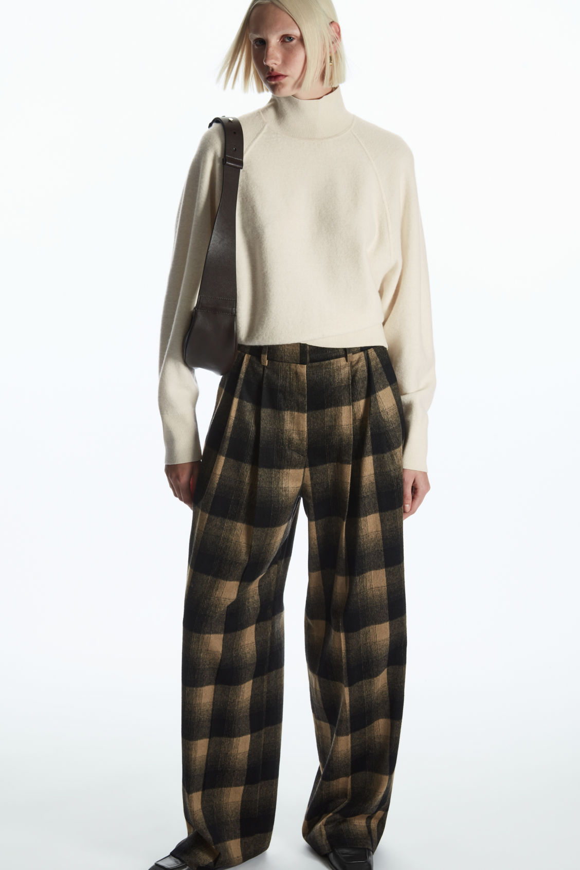 WIDE-LEG CHECKED WOOL-BLEND TROUSERS