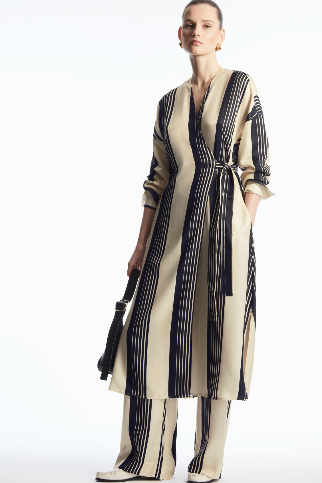 STRIPED MIDI WRAP DRESS