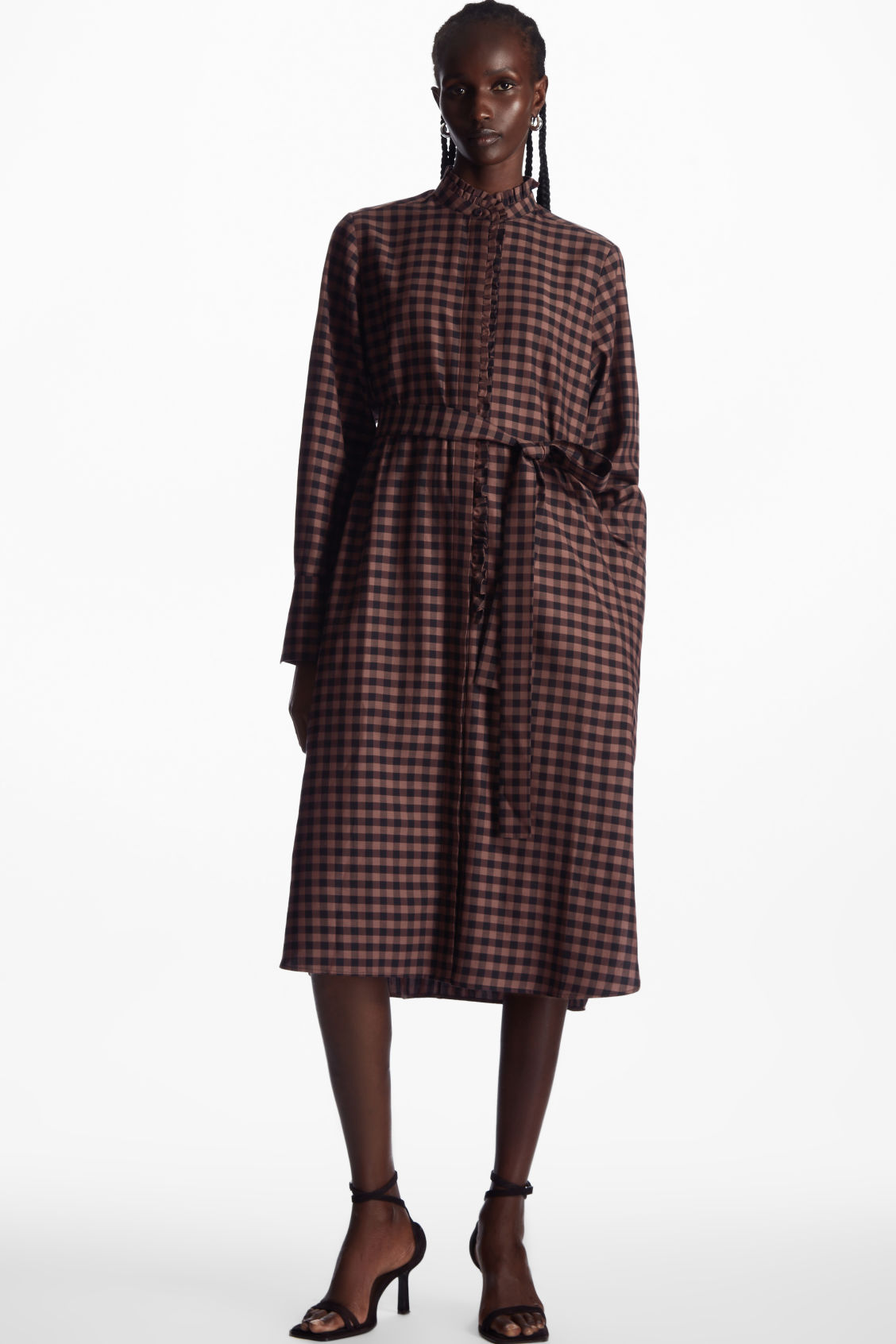 BELTED RUFFLED MIDI SHIRT DRESS