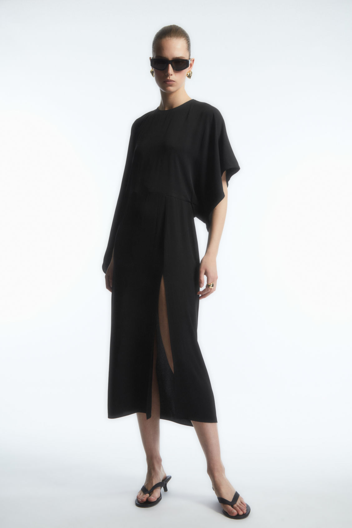 ASYMMETRIC-SLEEVE DRAPED MIDI DRESS