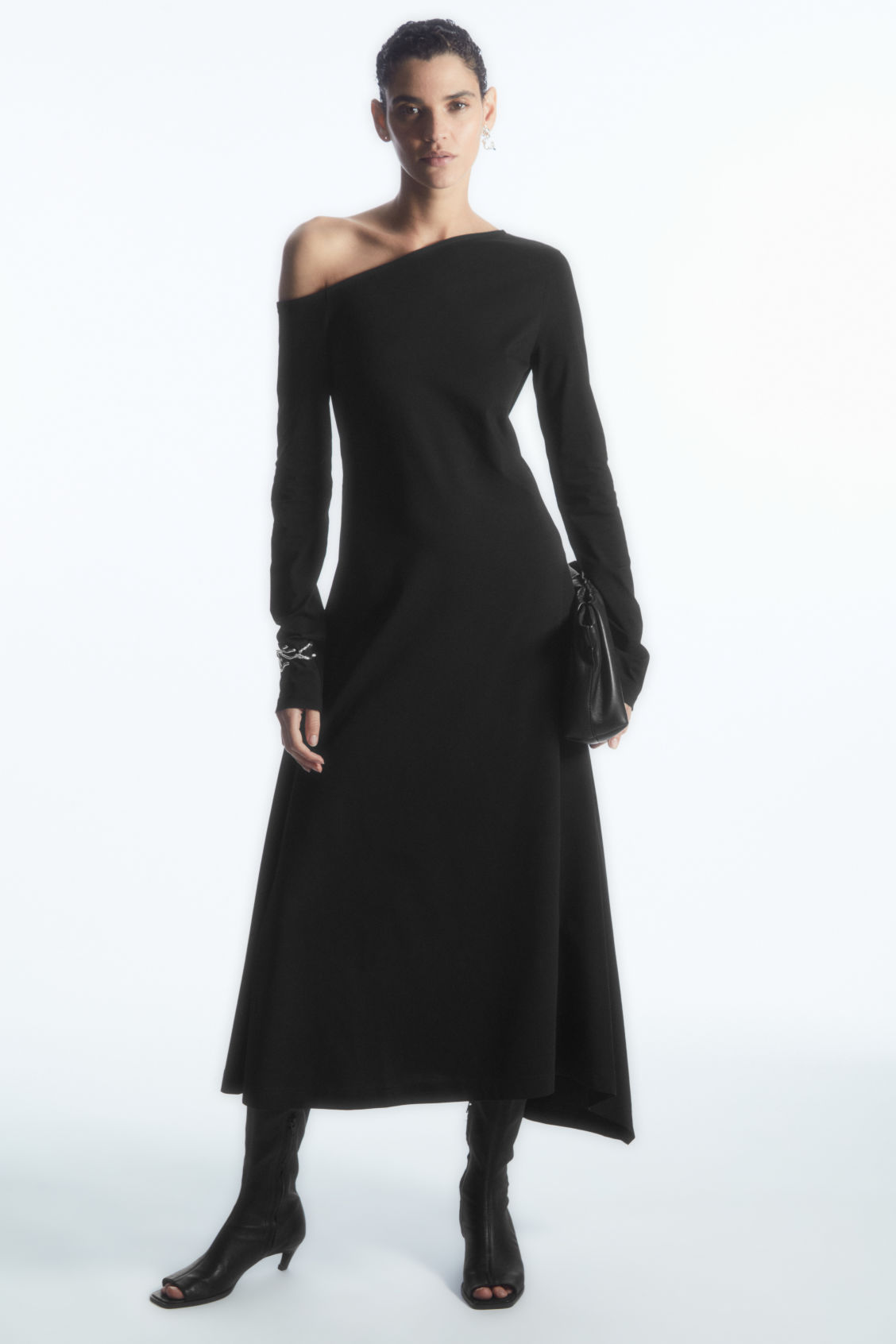 OFF-THE-SHOULDER ASYMMETRIC MIDI DRESS