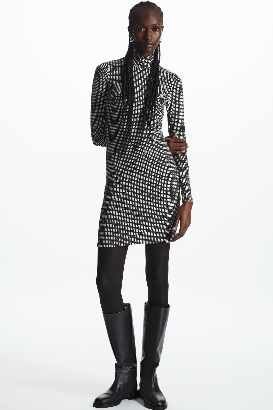 PRINTED ROLL-NECK MINI DRESS