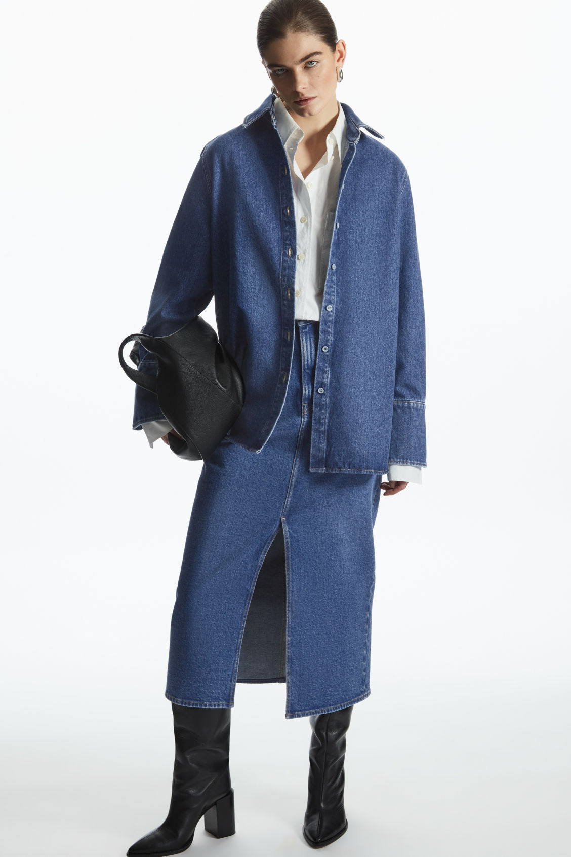 FRONT-SLIT DENIM MIDI SKIRT