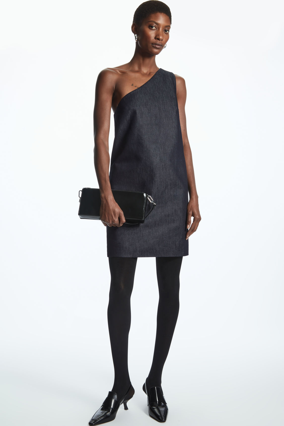 ONE-SHOULDER DENIM MINI DRESS