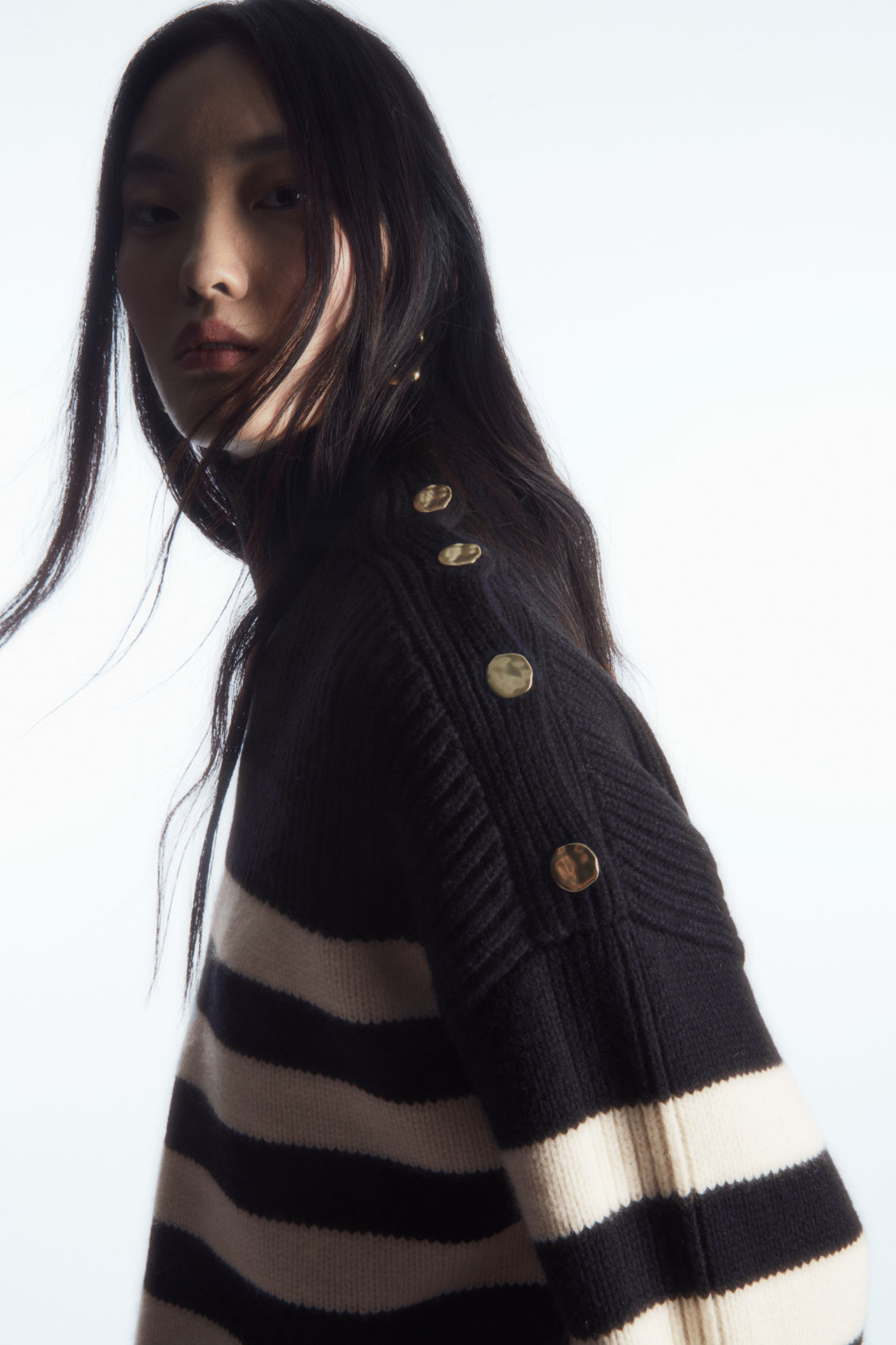 BUTTON-EMBELLISHED STRIPED WOOL JUMPER