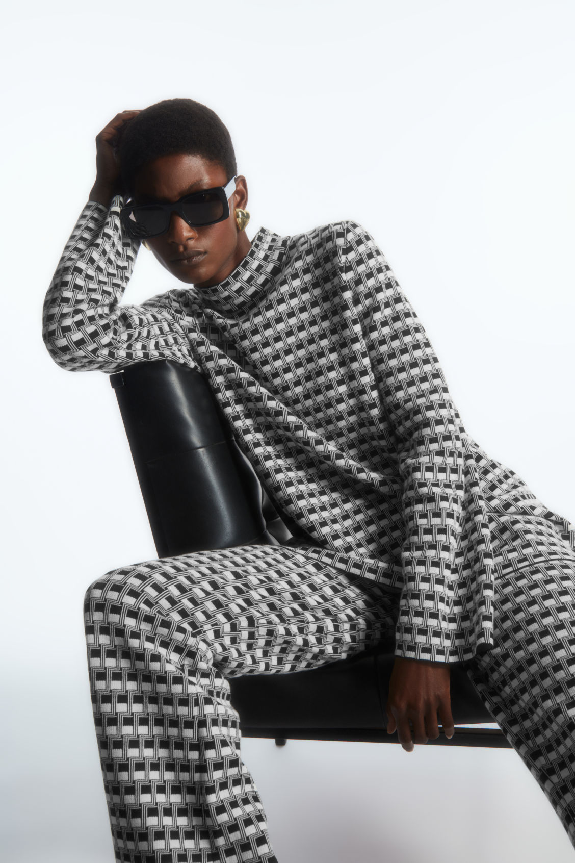 CHECKED JACQUARD-KNIT HIGH-NECK TOP