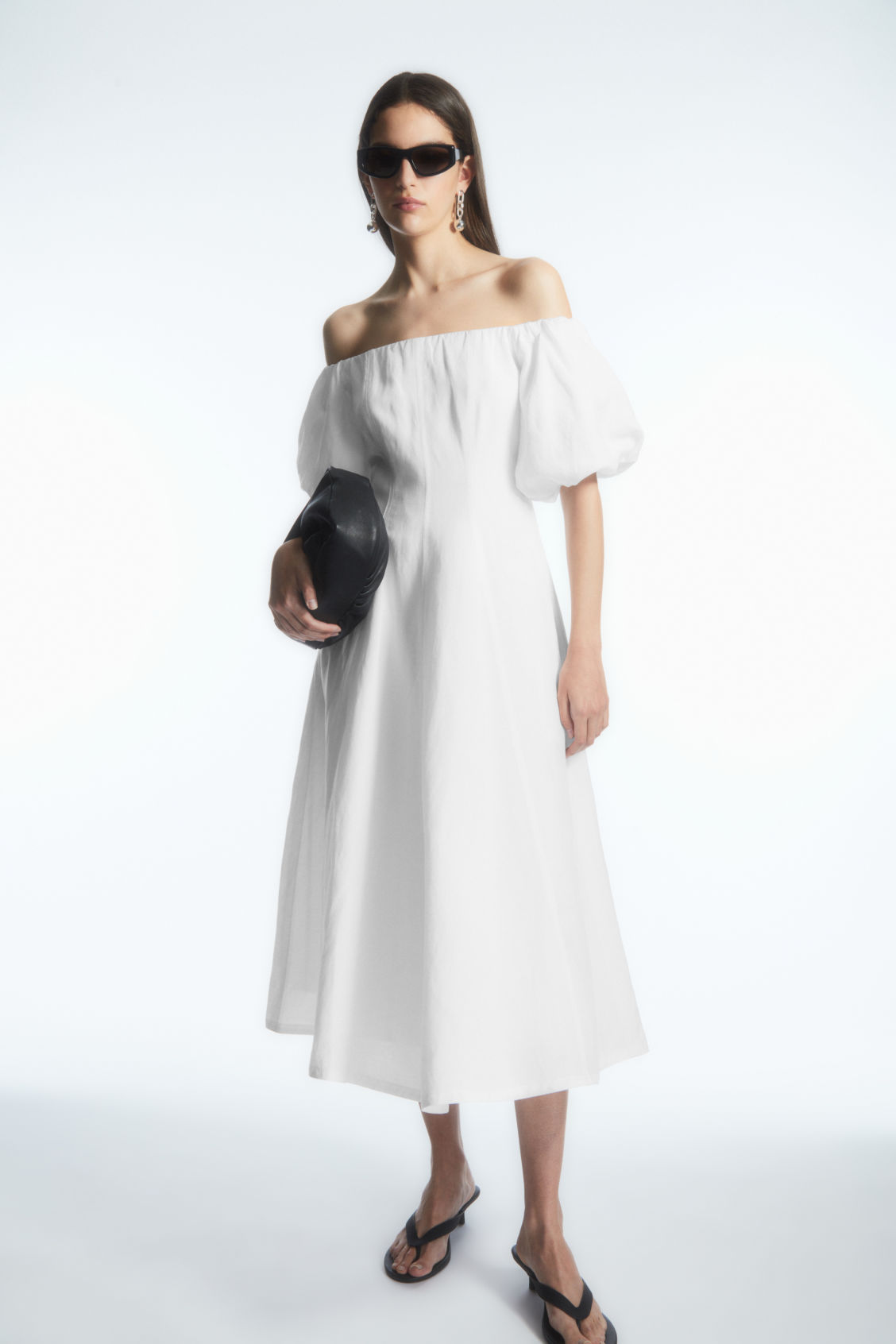 OFF-THE-SHOULDER PUFF-SLEEVE MIDI DRESS
