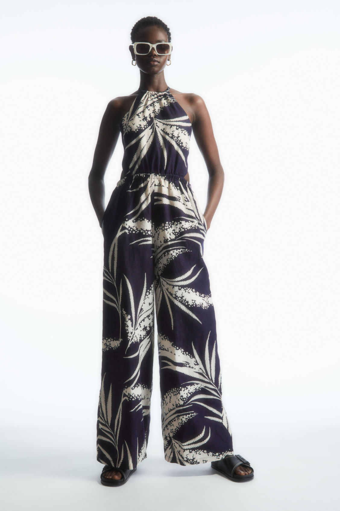 OPEN-BACK FLORAL-PRINT LINEN JUMPSUIT