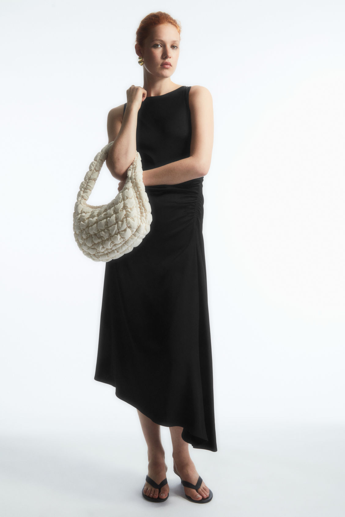 ASYMMETRIC GATHERED SATIN MIDI DRESS