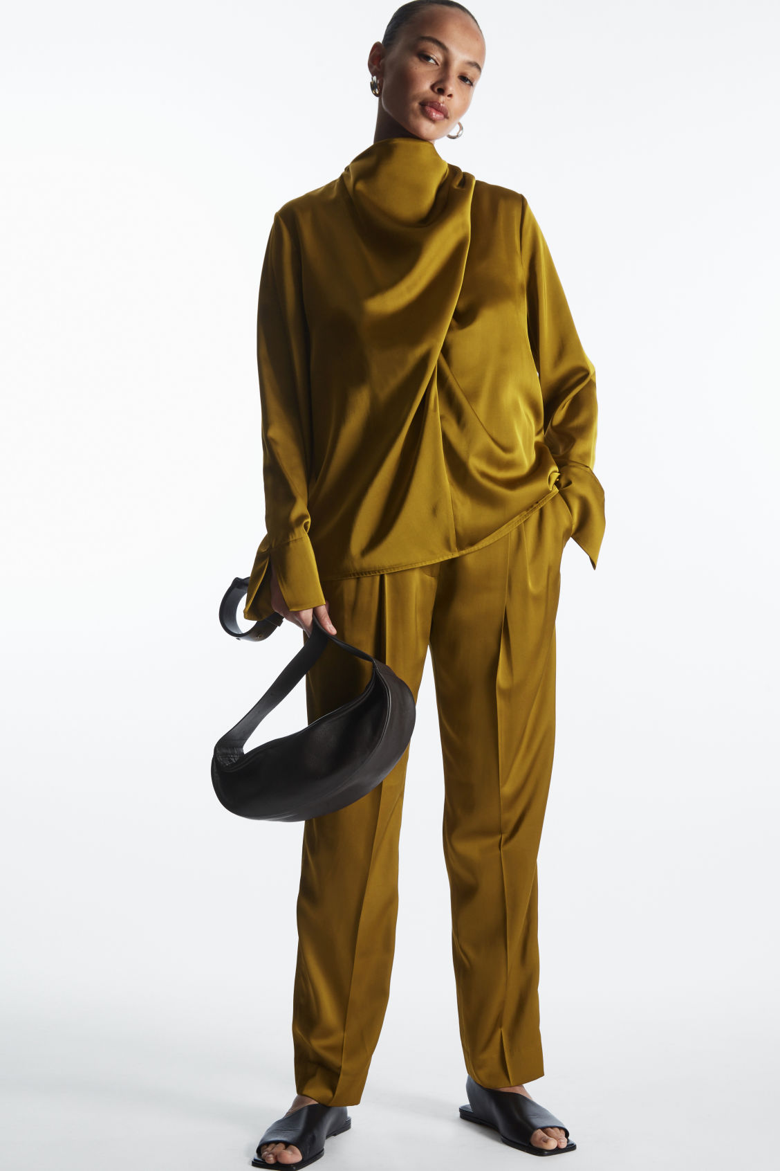 STRAIGHT-LEG PLEATED SATIN TROUSERS