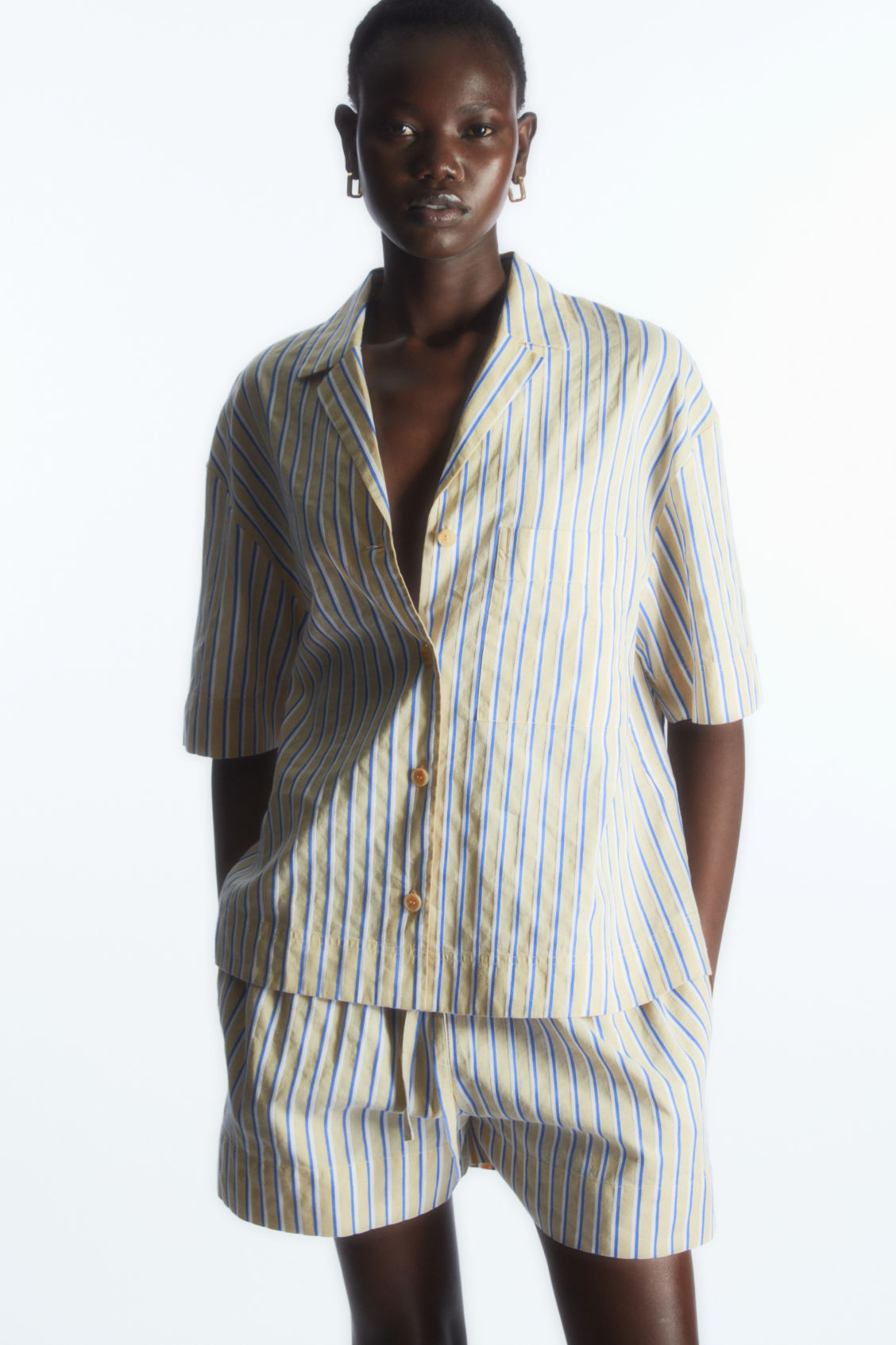 STRIPED LINEN-BLEND CAMP-COLLAR SHIRT