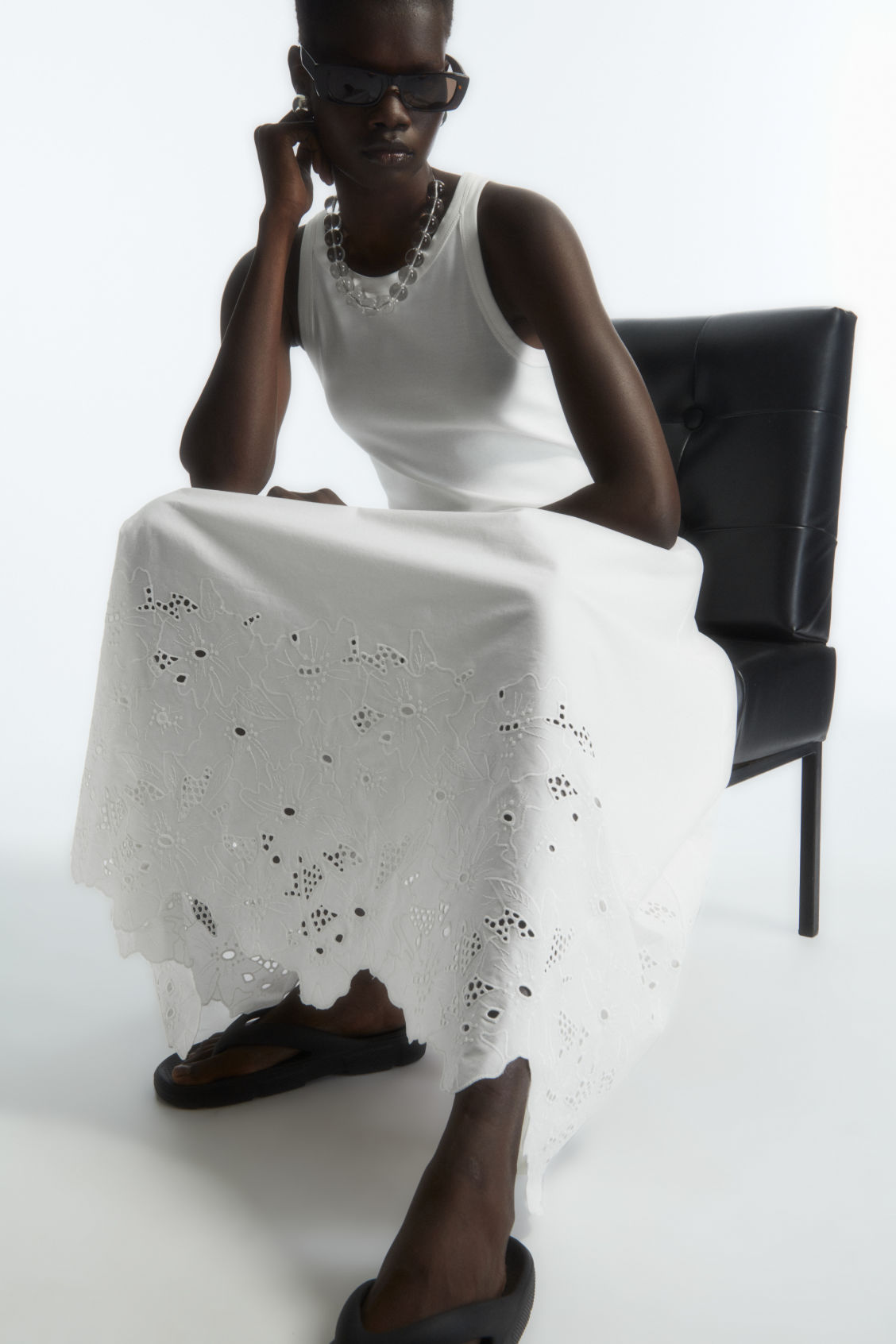 SLEEVELESS BRODERIE ANGLAISE MIDI DRESS