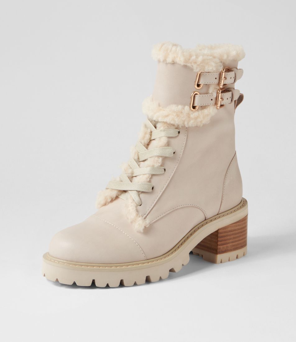 Jenifa Almond Off White Leather Fur Lace Up Boots