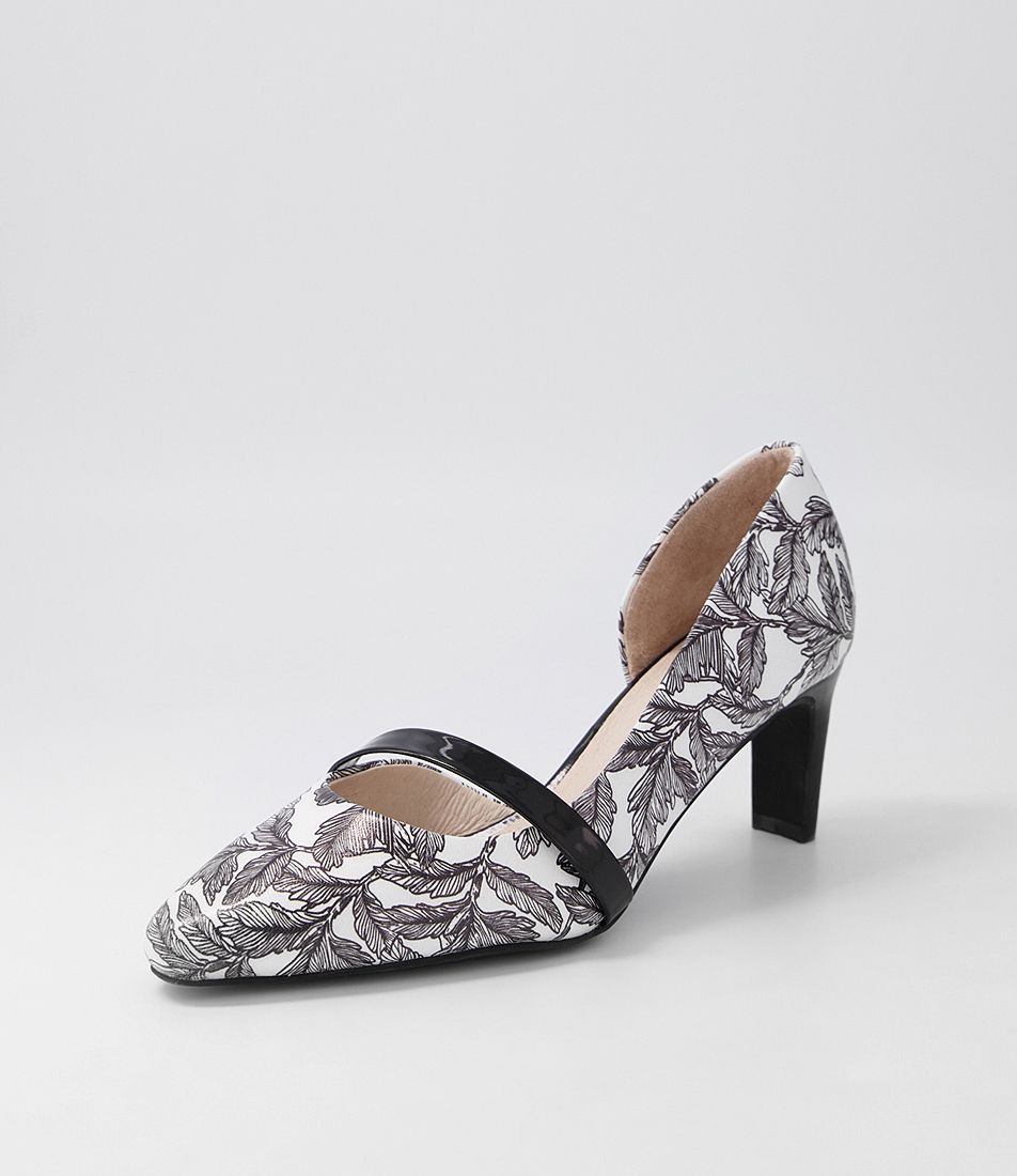 Narda2 Black White Floral Black Leather Patent Heels